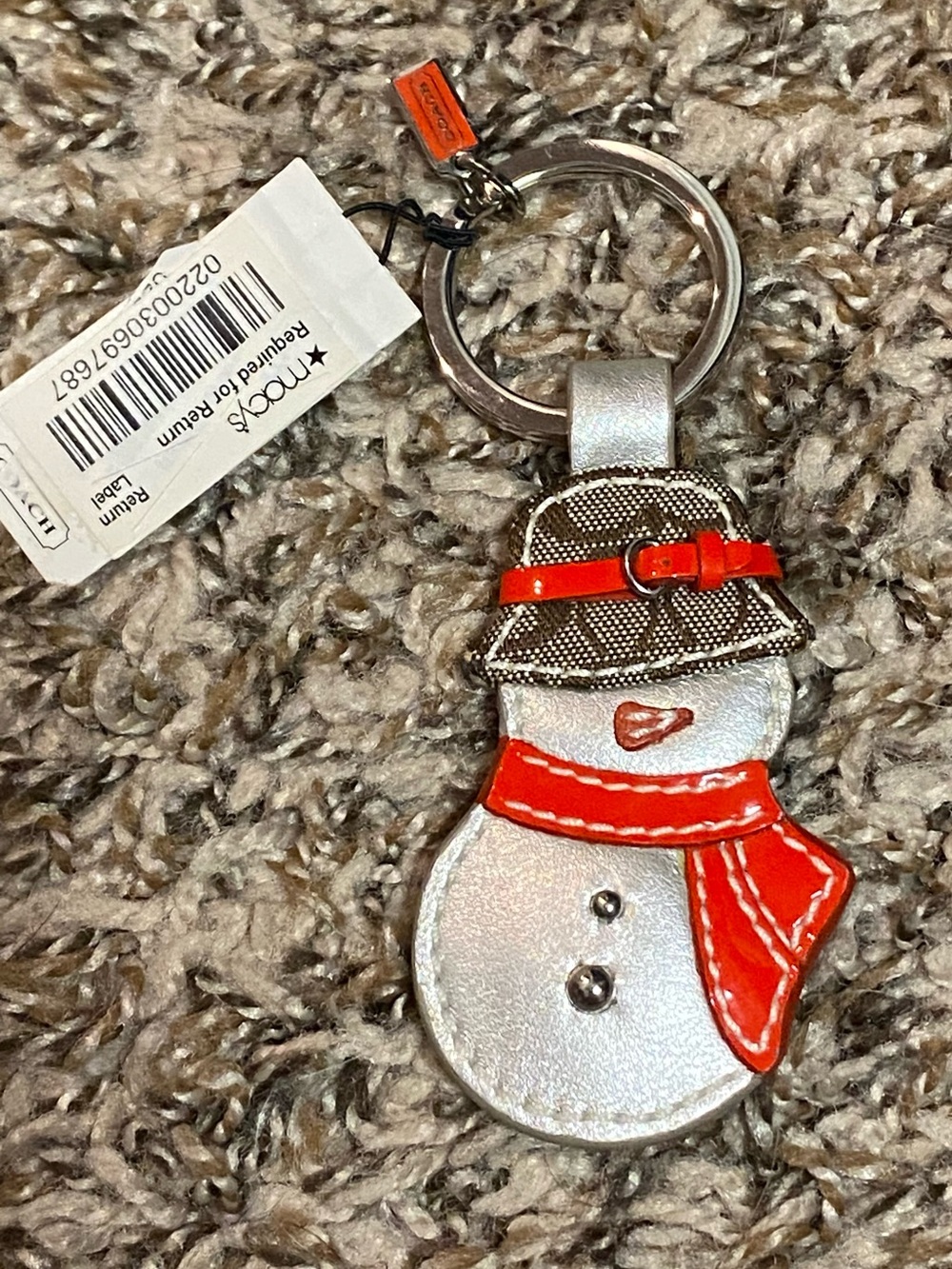 New Coach Silver Leather Snowman Keychain Signature C Hat Red Accents